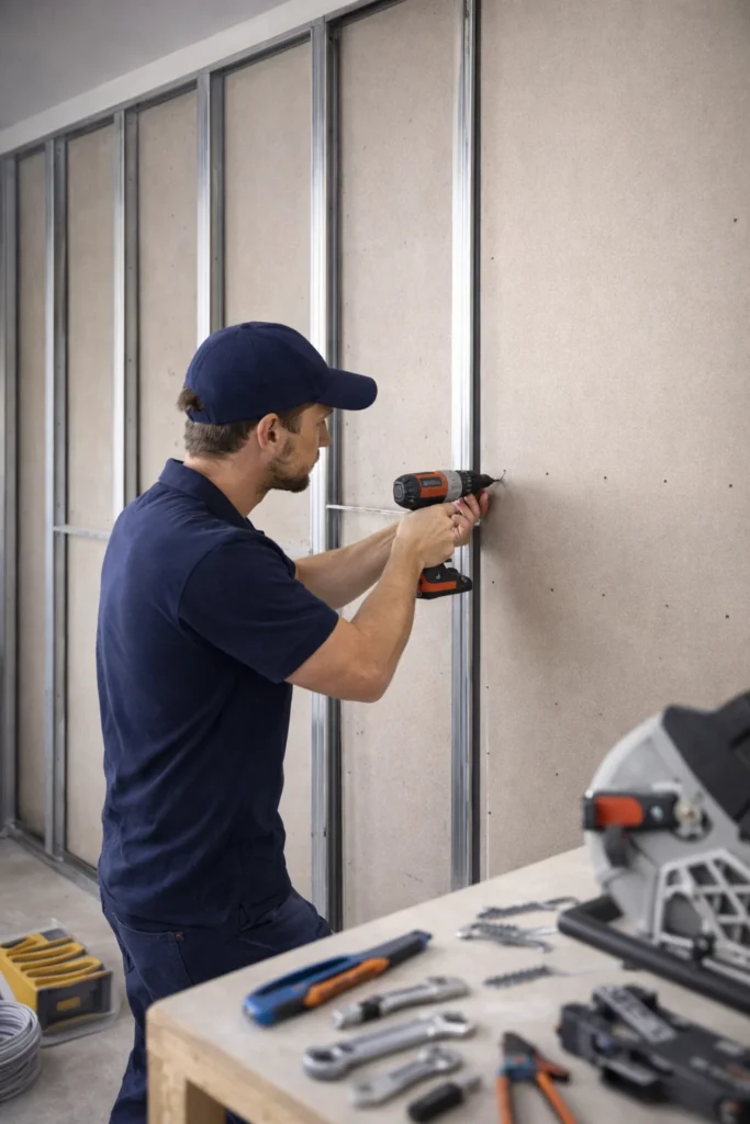 Vakman bevestigt gipsplaat op metal stud frame met accuschroefmachine