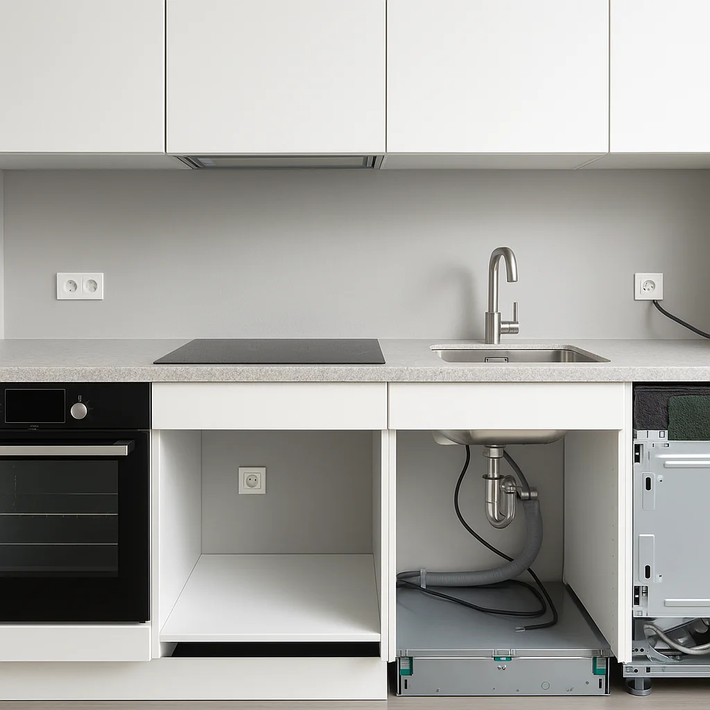 Strakke moderne keuken met licht houten eiland, witte kasten en geïntegreerde apparatuur