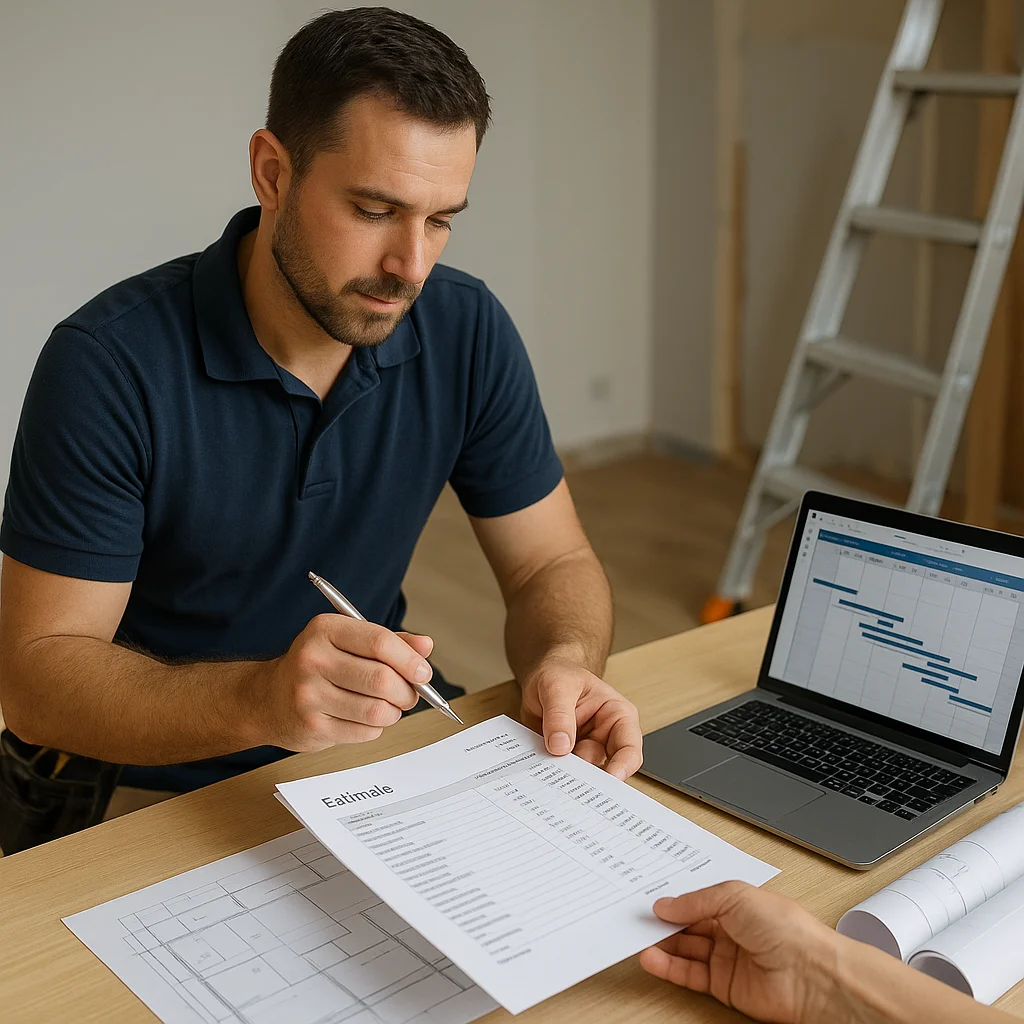 Aannemer bespreekt renovatieofferte aan tafel met bouwschema op laptop