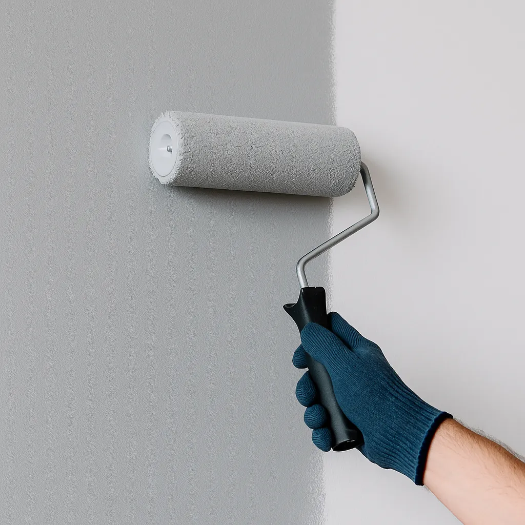 Schilder verft een muur zorgvuldig met een roller voor een streeploos resultaat.