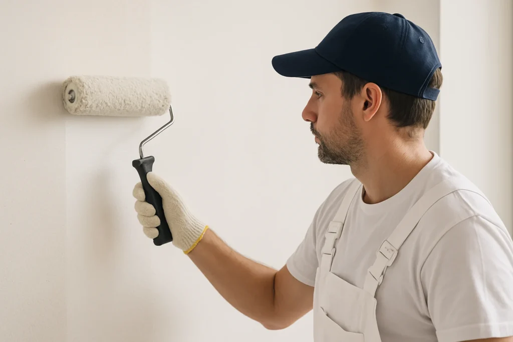 Schilder rolt witte verf op een muur met een verfroller.