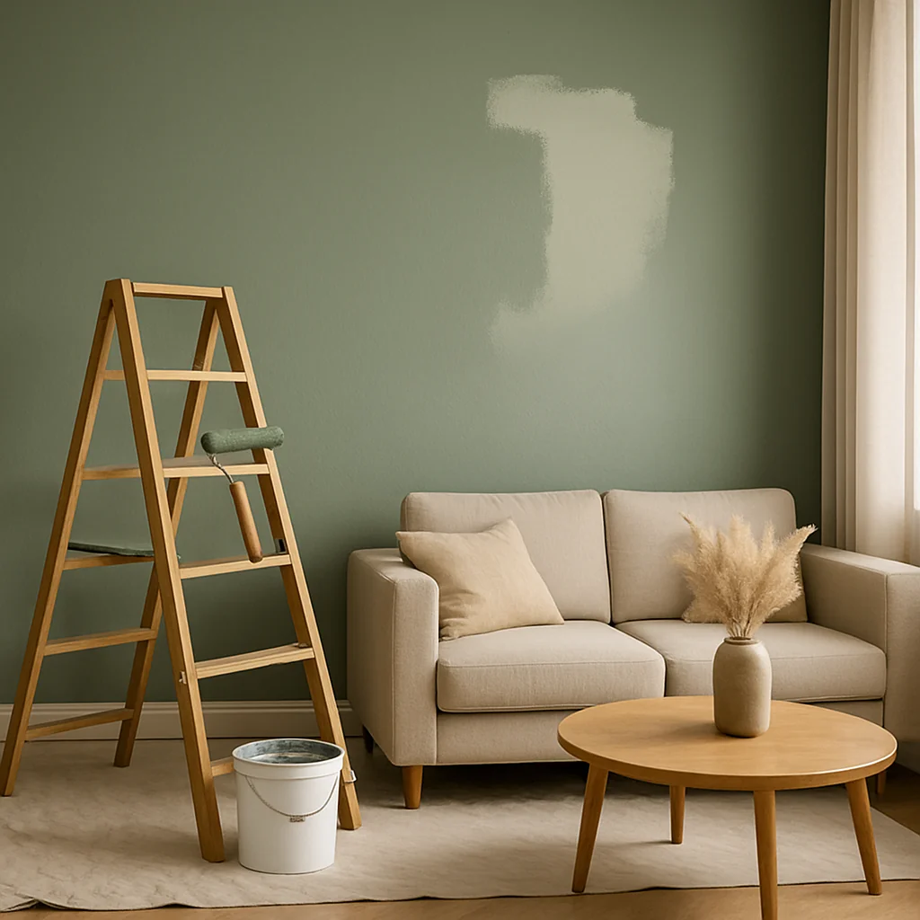 Woonkamer met groene muur in schilderproces.