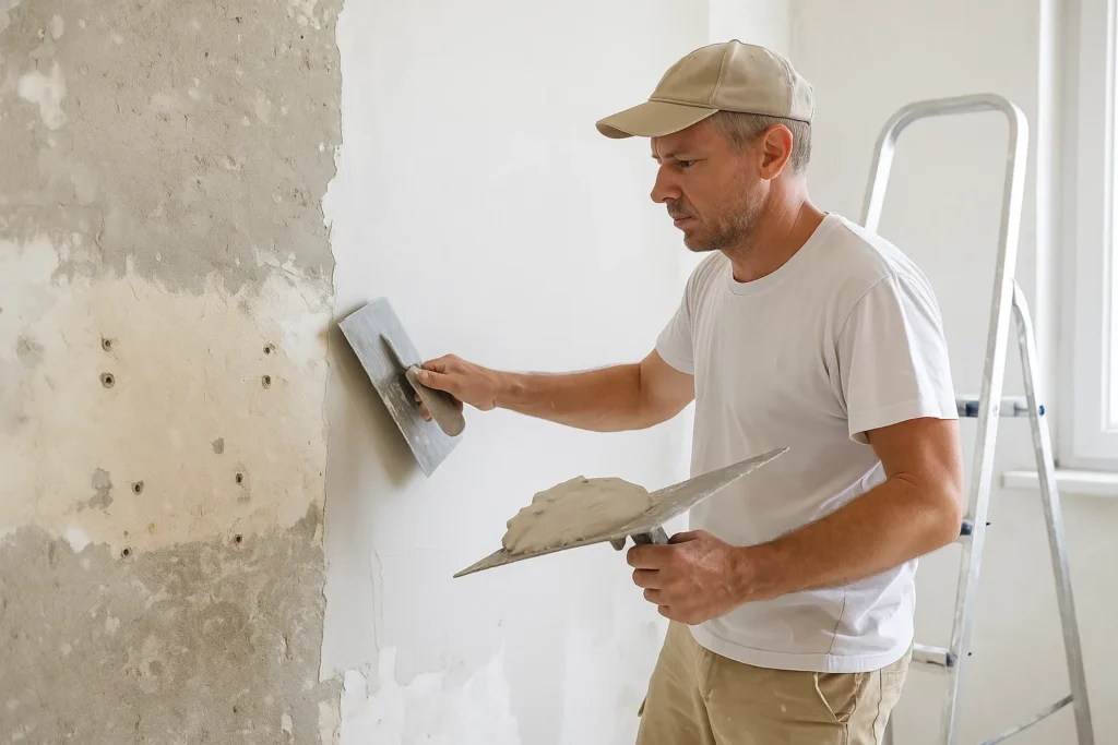 Stukadoor brengt handmatig pleister aan op een binnenmuur met behulp van een spaan