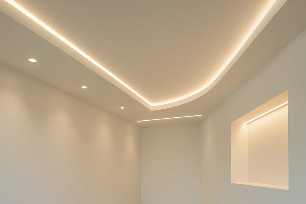 Modern plafond met LED-verlichting en gipsplaten in strakke rondingen