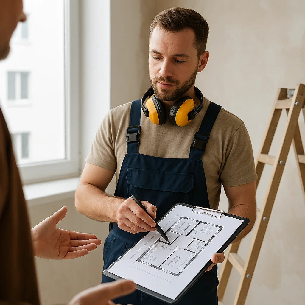 Monteur van Klusbedrijf Breda bespreekt renovatieplan met klant voor duidelijke scope en planning.
