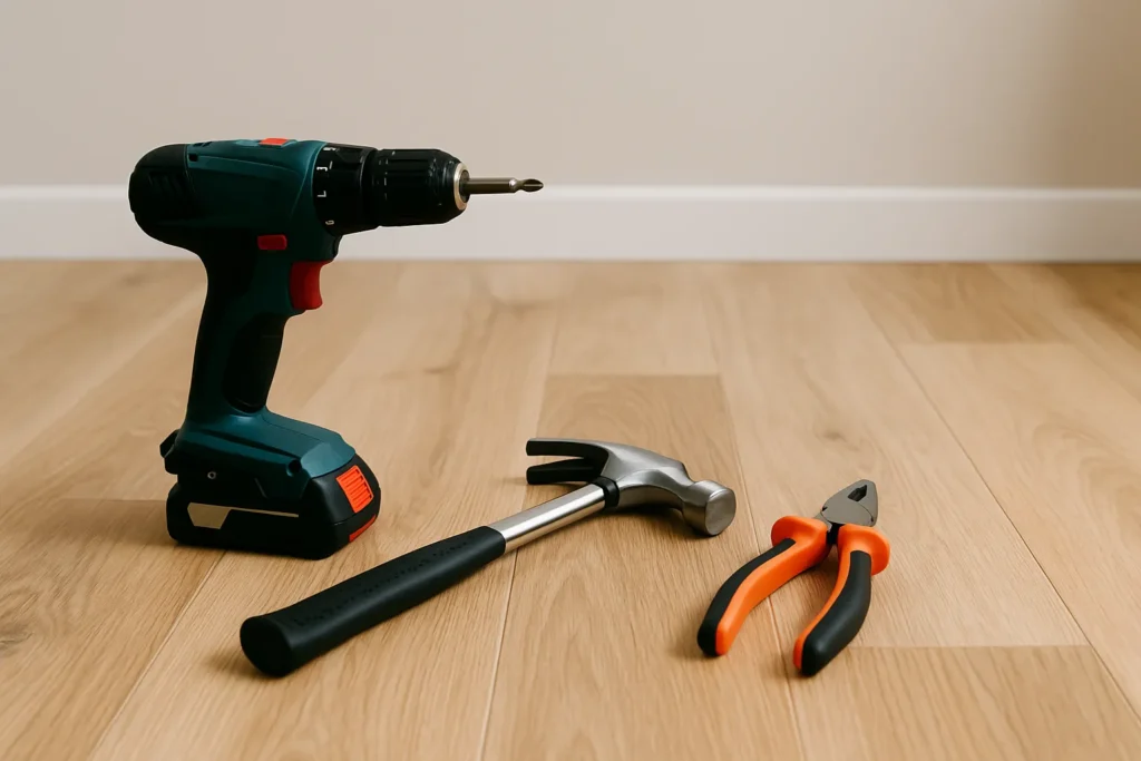 Lachende vakman in grijze overall met accuboormachine staat in een half gerenoveerde keukenruimte.