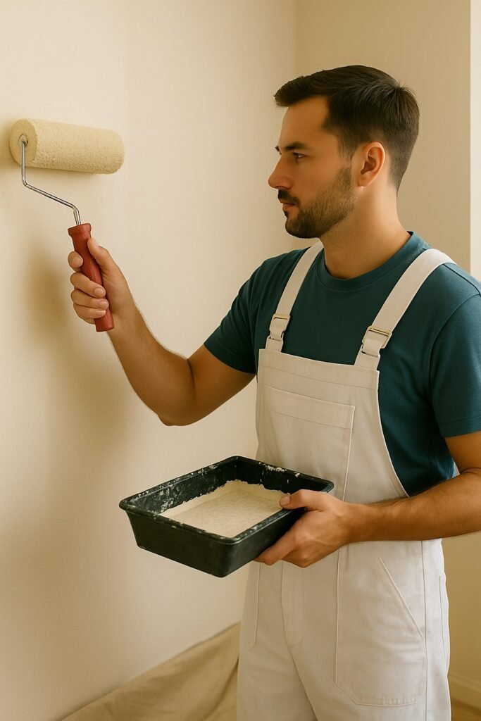 Schilder in witte overall die met een verfroller een binnenmuur egaal verft, terwijl hij een verfbak met witte muurverf vasthoudt