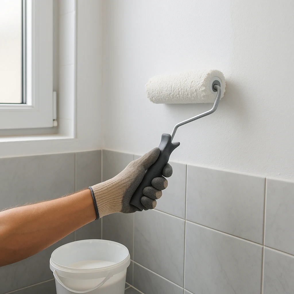 Close-up van een hand met handschoen die badkamerwand verft met witte roller boven tegels