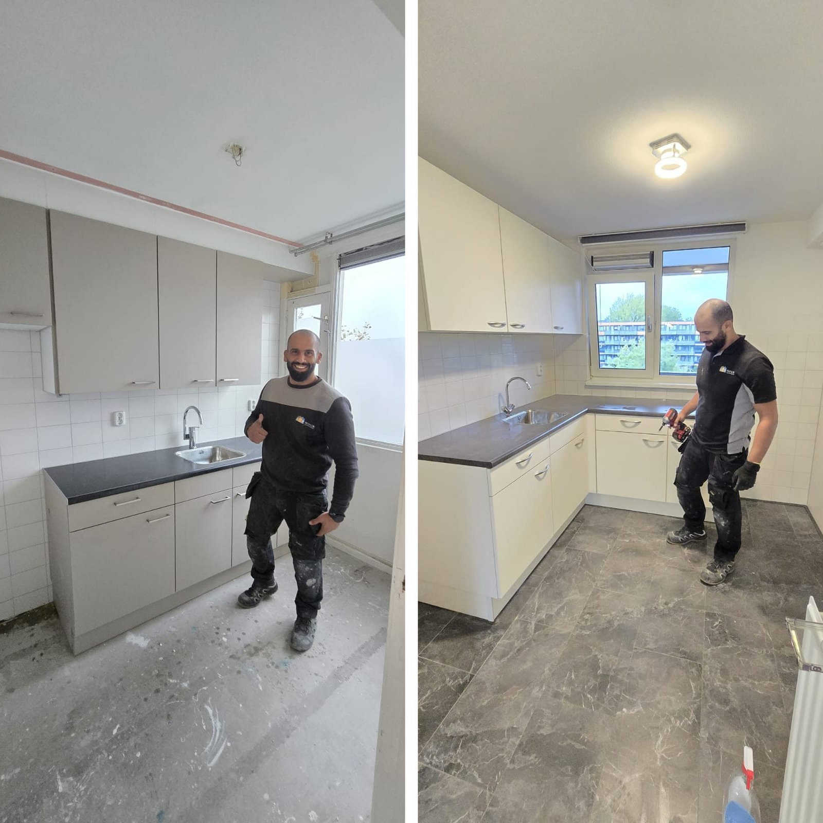 Nieuwe keuken geplaatst en afgewerkt | Nour Klusbedrijf Fotocollage van een vakman bij geplaatste witte keukenkasten met een donker werkblad