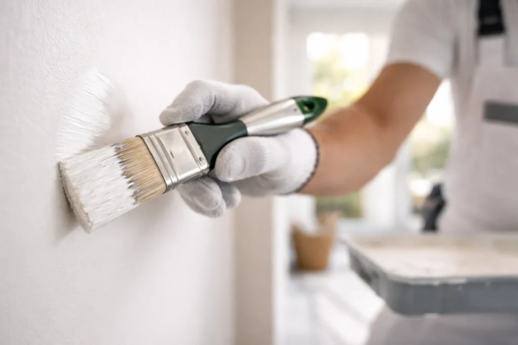 Schilder brengt een frisse verflaag aan op een strak afgewerkte muur in een moderne woning in Gorinchem.