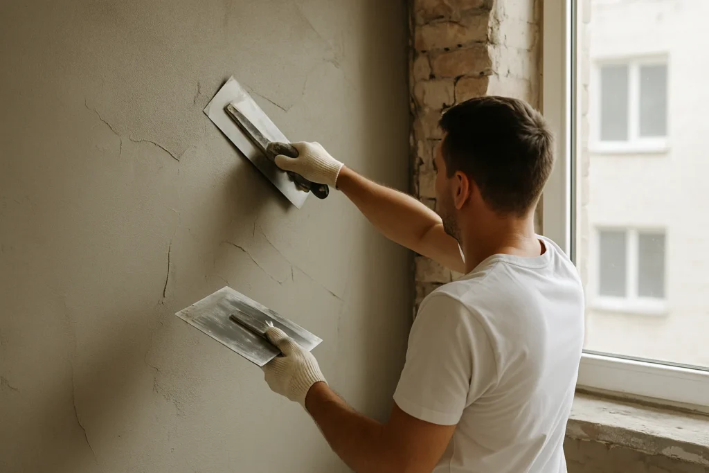 Stukadoor brengt gips aan op een muur naast een raam.