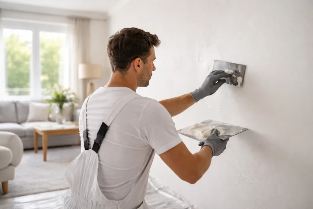 Stukadoor Gorinchem brengt strak stucwerk aan op muur in woning