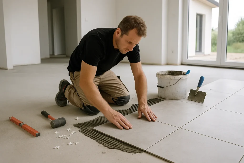 Tegelzetter plaatst grote keramische vloer¬tegels in een nieuwbouwwoning met ruim daglicht.
