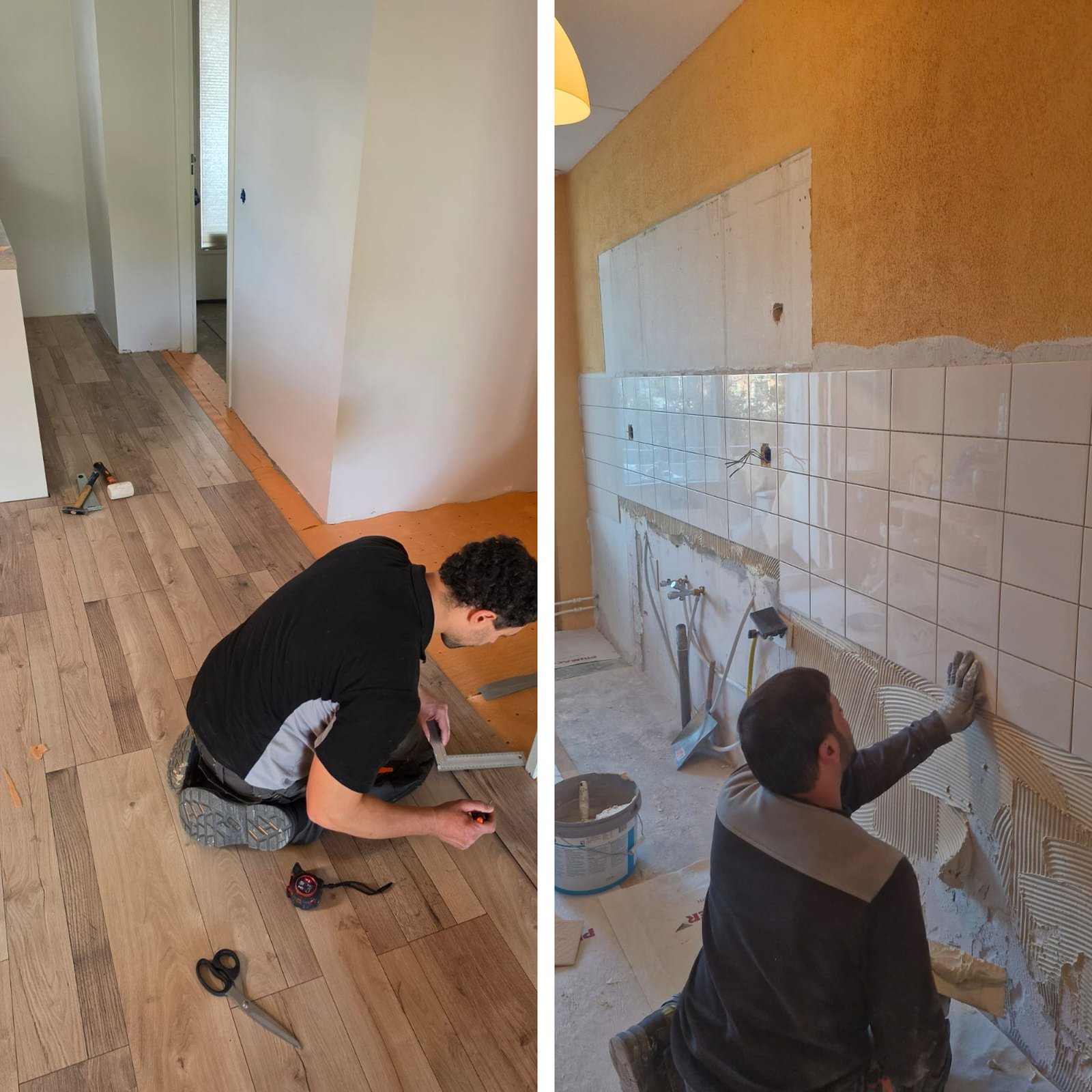 Vloer leggen en keukenwand betegelen | Nour Klusbedrijf Fotocollage van een vakman die een houtlook vloer legt en een vakman die witte keukenwandtegels plaatst