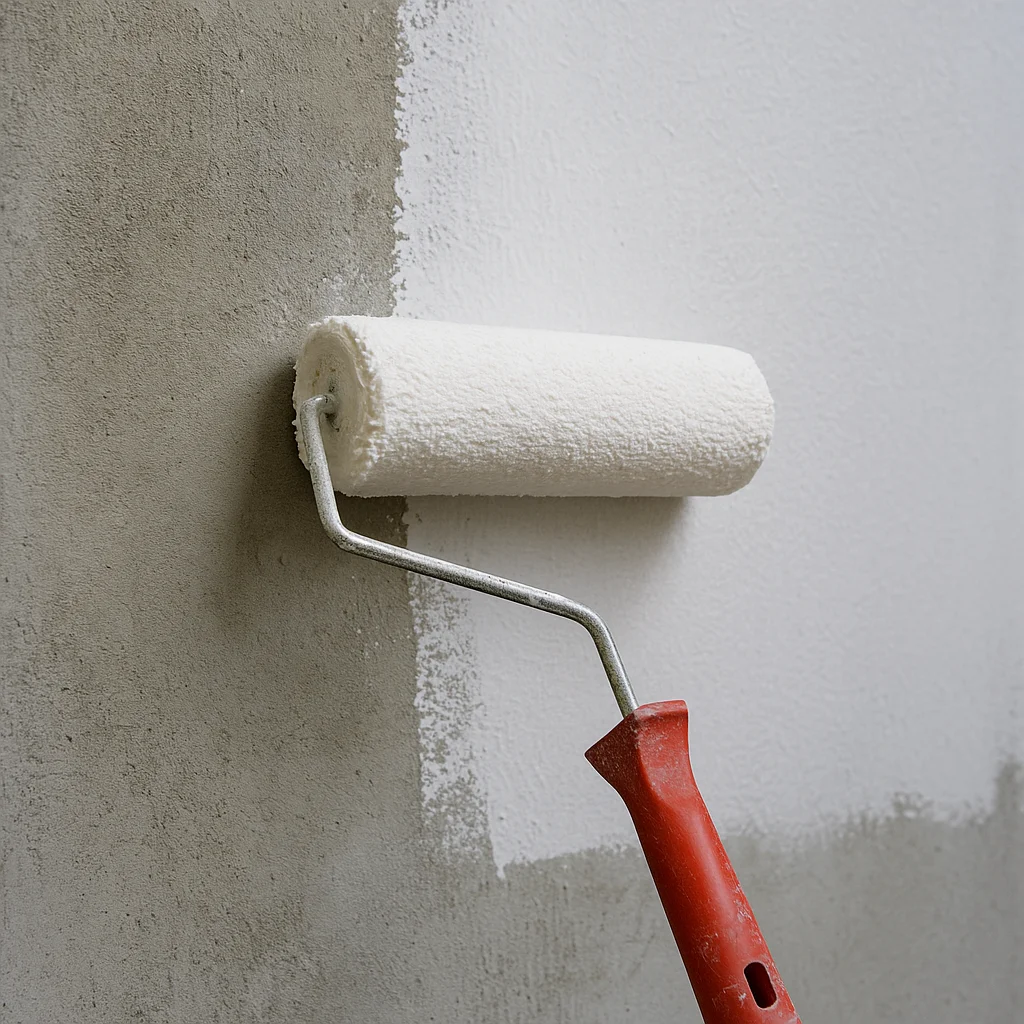 Verfroller brengt witte primer aan op grijze betonnen muur