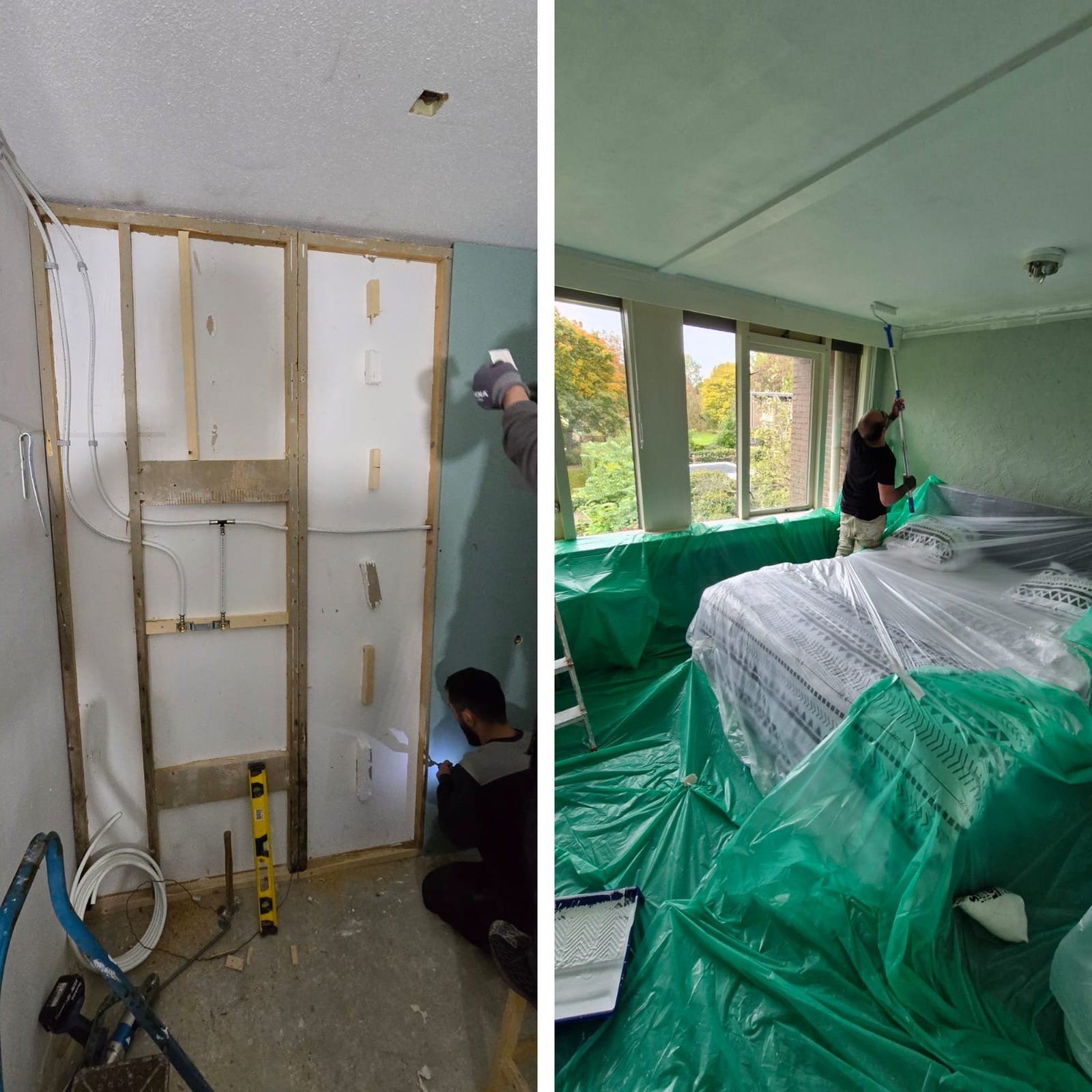 Voorzetwand plaatsen en schilderwerk | Nour Klusbedrijf Fotocollage van de plaatsing van een voorzetwand en een vakman die een slaapkamerplafond schildert